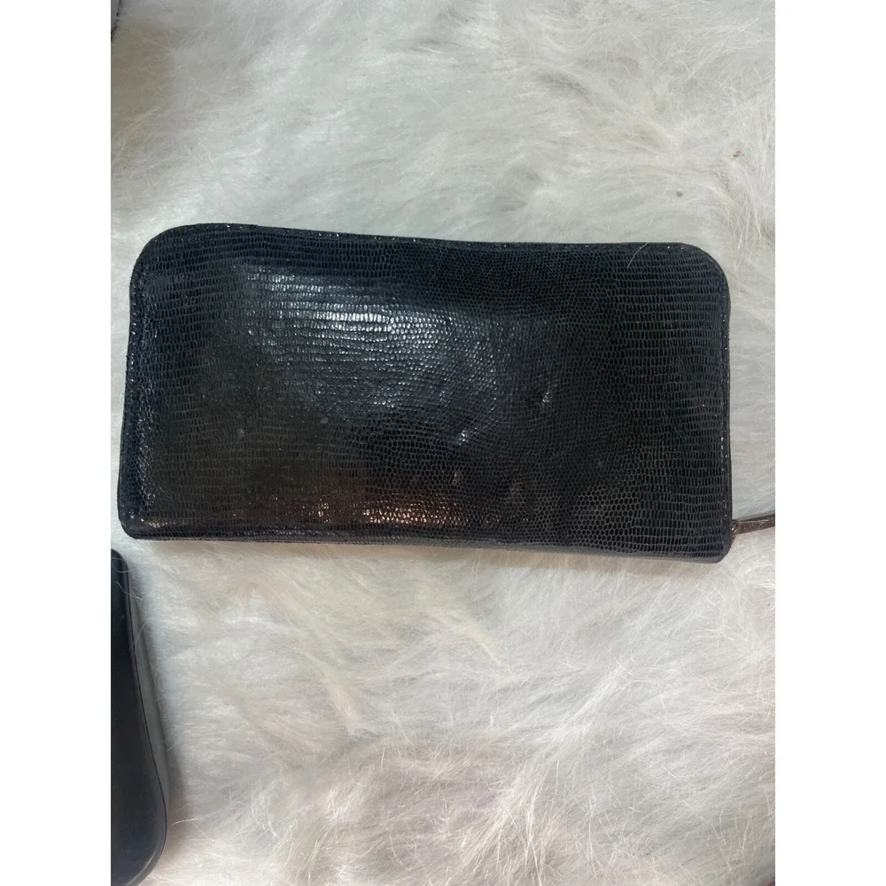 Tory Burch Black Lizard Embossed Leather Zip Wallet With Logo Accent & Metal Zip